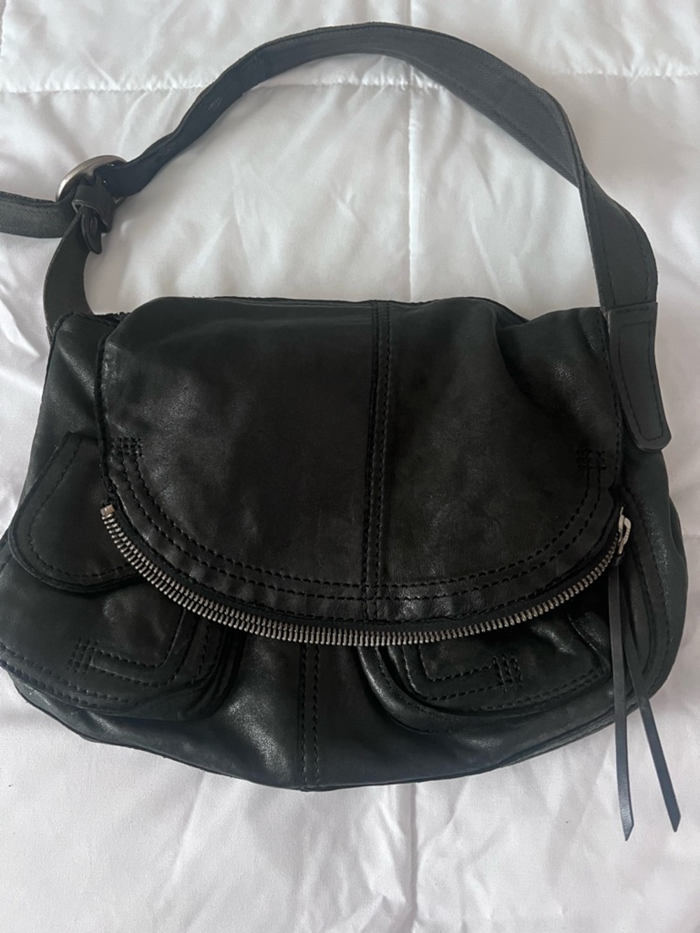 Lucky Brand Black Leather Shoulder Bag with Front Zip Detail